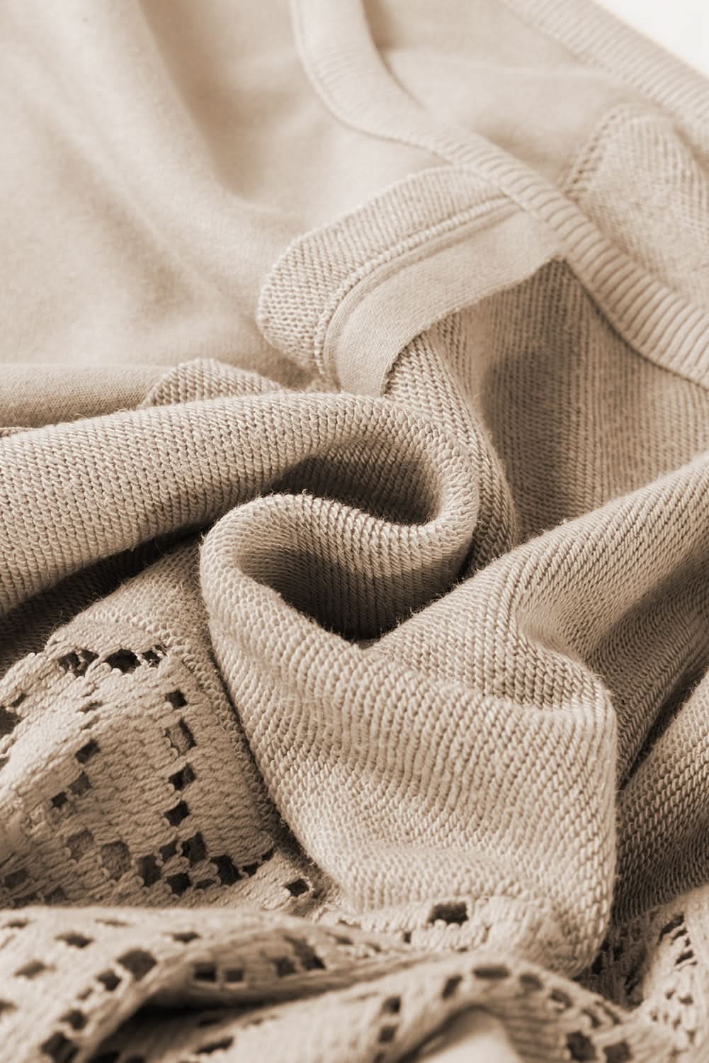 Parchment Knit Crochet Exposed Seam Ribbed Trim Sweatshirt - Love Salve